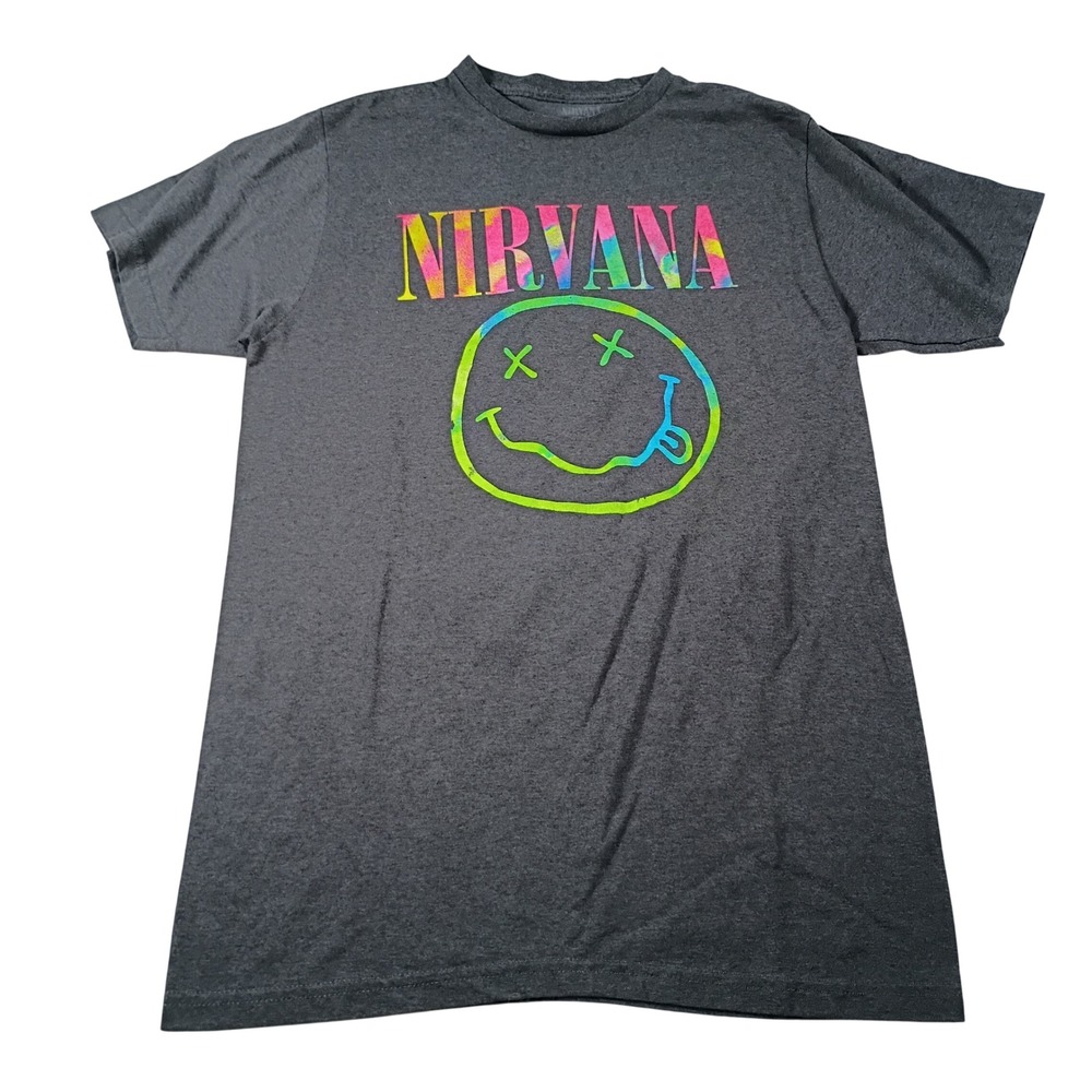 Nirvana Graphic T-Shirt Mens Large Charcoal Gray Neon Smiley Logo